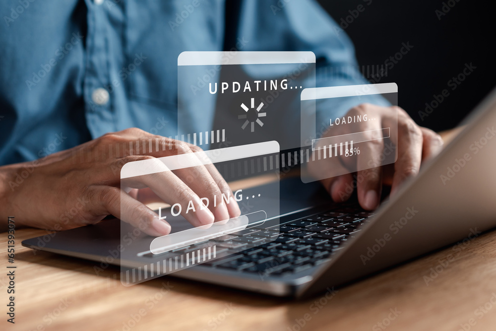 Aufkleber Update software and installing new version system in computer. Man upgrade program, Business technology internet loading bar with installing the update for the quality better.