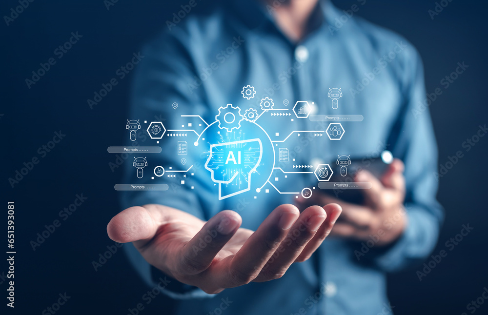 Fototapete Businessman using chat ai in computer smart intelligence Ai. Chat with AI Artificial Intelligence, developed and generate. Futuristic technology, robot in online system.