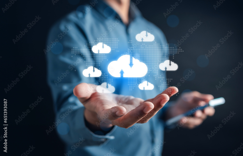 Aufkleber Businessman using smart phone cloud computing to download and loading data information and upload on system network application. Technology transformation