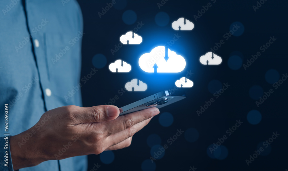 Fototapete Businessman using smart phone cloud computing to download and loading data information and upload on system network application. Technology transformation