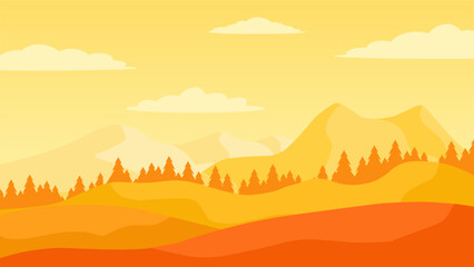 Vector illustration of meadow in autumn. Orange hills and mountains in fall season. Fall season landscape for background, wallpaper or landing page