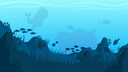 Vector illustration of underwater with coral reef, fish and shipwreck. Ocean bottom of sea world wildlife. Underwater landscape for background, wallpaper or landing page. Deep sea silhouette vector