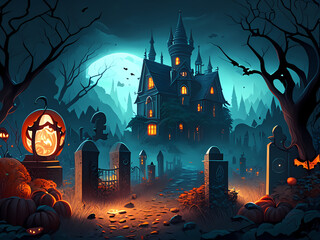 Halloween cemetery and castle illustration