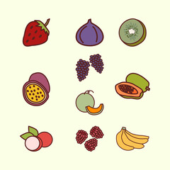 Set of Summer Fruits Cute Flat Line Illustration