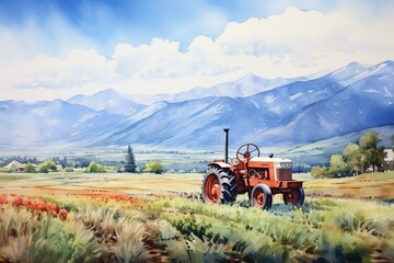 Farm landscape watercolor with tractor, mountains, and sky. Generative AI