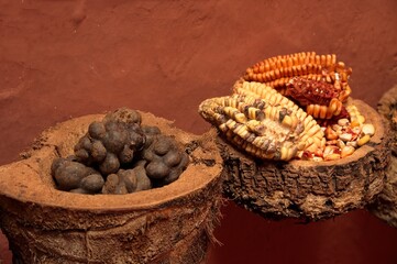 Closeup of corn and potatoes in traditional Peruvian village
