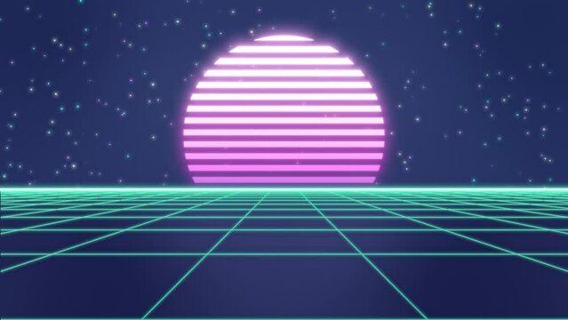 A futuristic virtual space designed in an '80s style. Retro-futuristic 3D background animation.