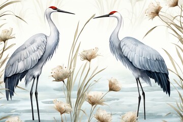 Beautiful watercolor pattern of elegant crane birds in Japanese style. Generative AI