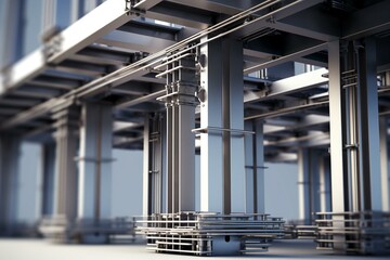 3D model of metal structure using building information modeling. Steel columns, beams, and connections. Engineering, industrial, construction background. Generative AI