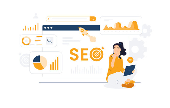 SEO, Optimized pages, Boost website, Enhance rankings keywords, Visitor traffic, analytic strategies. Dominate search engine results with back link, organic growth concept illustration