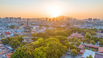 Aerial photography of the East and West Twin Towers of Kaiyuan Temple and West Street of Quanzhou City, Quanzhou City, Fujian Province, China