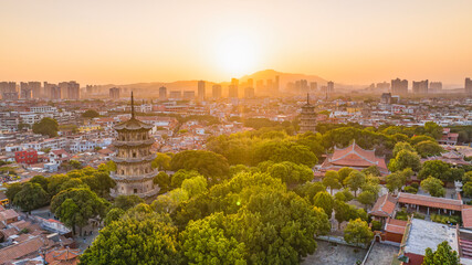 Aerial photography of the East and West Twin Towers of Kaiyuan Temple and West Street of Quanzhou City, Quanzhou City, Fujian Province, China