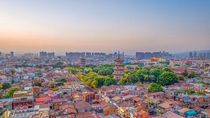 Aerial photography of the East and West Twin Towers of Kaiyuan Temple and West Street of Quanzhou City, Quanzhou City, Fujian Province, China