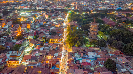 Aerial photography of the East and West Twin Towers of Kaiyuan Temple and West Street of Quanzhou City, Quanzhou City, Fujian Province, China