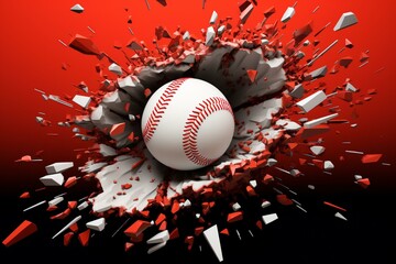 Obraz premium Powerful red baseball smashes through vibrant orange wall, against a striking black-white backdrop. Impeccably rendered in 3D. Generative AI