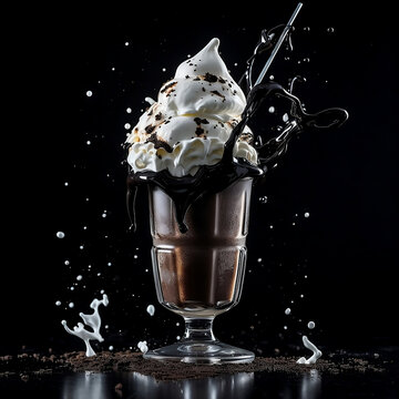 A Black Tap milkshake with splashing liquid and Black Tap in a dark background