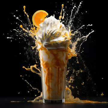 A orange milkshake with splashing liquid and orange in a dark background 