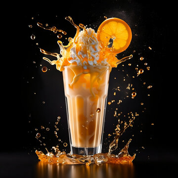 A orange milkshake with splashing liquid and orange in a dark background