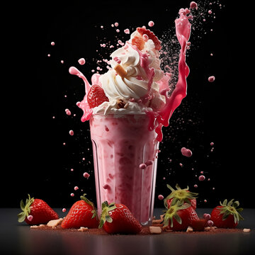 A Strawberry Milkshake with splashing liquid and Strawberry Tap in a dark background