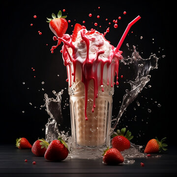 A Strawberry Cheesecake Milkshake with splashing liquid and Strawberry Tap in a dark background 