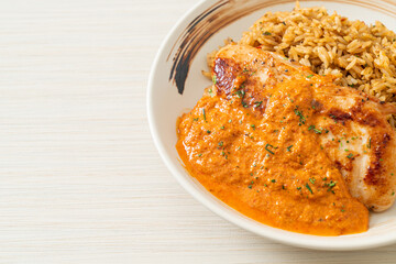 grilled chicken steak with red curry sauce and rice