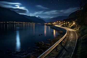 A scenic image of a road under a starry sky, bordered by the sea and mountains at night. Generative AI