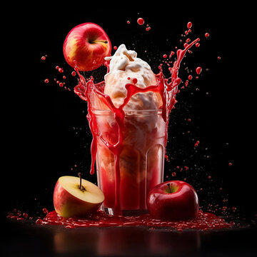red apple falling into milkshake