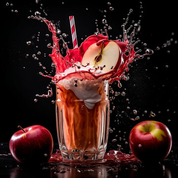 Red apple Milkshake splash in glass
