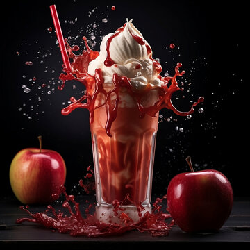An red apple milkshake with splashing red liquid and red apple in a dark background