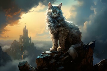 Artwork of a cat on a mountain peak. Generative AI