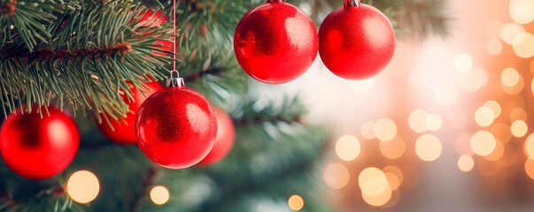 Red christmas baubles on fir tree background