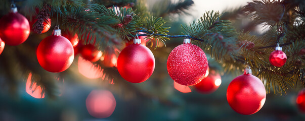 Red christmas baubles on fir tree background