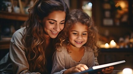 Using a tablet computer at home, a mother and daughter. staring at the screen while smiling,.
