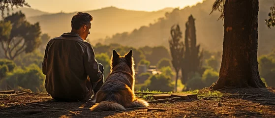 Poster Im Rahmen Back view of a senior biracial man sitting on a seat with a dog resting on grass next to trees in a park.. © tongpatong