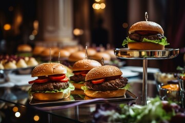 Luxury wedding reception buffet with mini hamburgers, serving food and appetizers at a restaurant catering banquet table. Generative AI - obrazy, fototapety, plakaty
