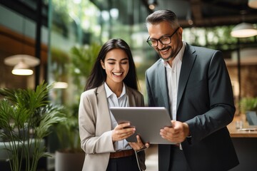 A mature Latin manager and mentor talk to a young Asian female coworker while showing online project results . Two happy and diverse professional executives work together using laptop.