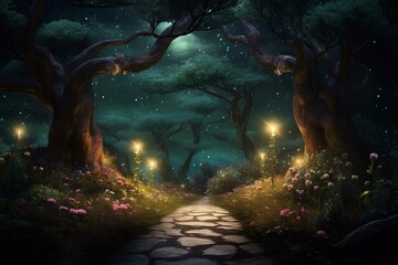 Nighttime woodland with illuminated trees. Magical fairytale garden. Misty, dark ambiance. Moonlit path amidst blooming flowers. Generative AI
