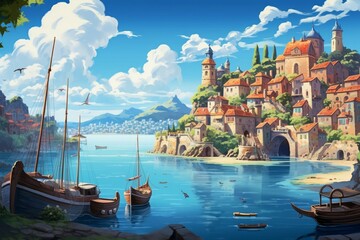 A picturesque view of a seaside medieval village with charming cartoon houses and boats, representing a nostalgic summertime European town. Generative AI