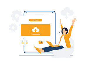 Businesswoman using laptop computer upload file and download information data on cloud computing technology network, work from home concept illustration