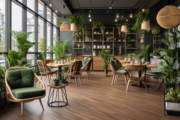 Modern cafe with plants, stylish furniture, and polished floor. Generative AI