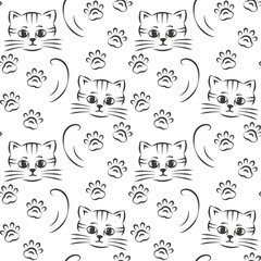 Seamless vector pattern with a cute kitten, linear contour silhouette on transparent background, decorative wallpaper, textile print. 