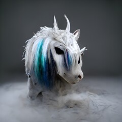 White pony realistic helmet silver octane render texture hair rainbow with texture soft photorealistc unreal tournament octane render background black with cinemtica light fog  - obrazy, fototapety, plakaty