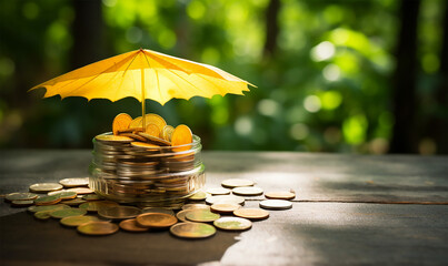 yellow umbrella shielding coins on a table under natural light