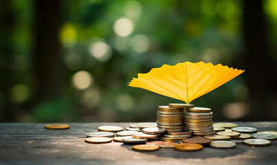 yellow umbrella shielding coins on a table under natural light