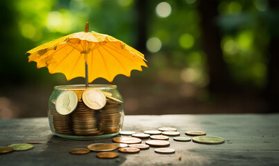 yellow umbrella shielding coins on a table under natural light
