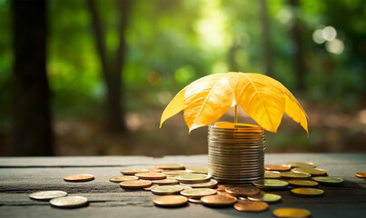 yellow umbrella shielding coins on a table under natural light