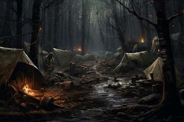 Illustration of a disheveled military encampment amidst a postapocalyptic forest. Generative AI - obrazy, fototapety, plakaty