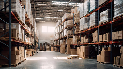Obraz premium Rows of shelves with boxes. Interior of warehouse.