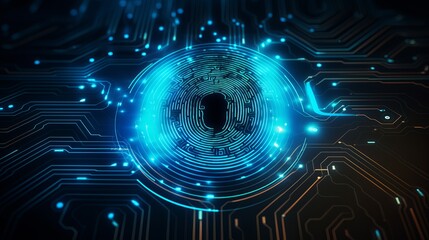 Fingerprint integrated into computer electronic circuit chip, digital cybersecurity,  protection, and biometric concept 