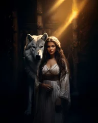 Selbstklebende Fototapeten Beautiful Woman in White Gown in front of a Large Wolf in the Dark with Copy Space © Visionarily
